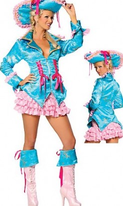 Карнавальный костюм Небесной Пиратки – голубой камзол, украшенный бантиками, розовое платье с оборками и шляпа ,декорированная розовыми бантами. Размер S-M.  Цена -559  грн. Доставка по Украине бесплатно!